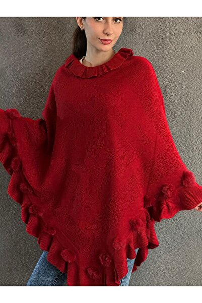 Gönülden Tasarım Pompon Knitted Patterned Poncho Shawl