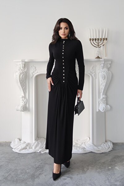 Serica Moda Black Button Detailed Shirred Long Sleeve Dress