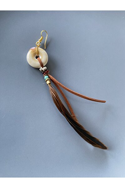 dela otantik Single Feather Bohemian Long Earrings – Handmade Authentic Jewelry with Ceramic Beads and Feather Detail - Feather Earrings
