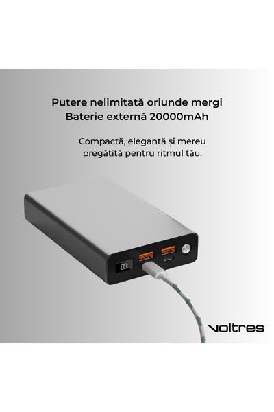 Voltres External Battery 20000mAh, 100W Charging Power, 2x USB-C & 2x USB-A, Trickle Mode, Compact