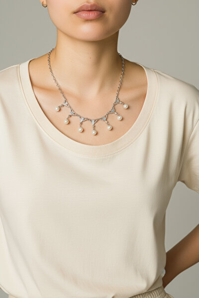 EUROMODA Silver Plated Pearl Detail Choker Design Chain Necklace