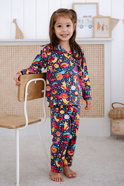 Lilabio Front Buttoned Children's Pajama Set with Space Pattern, Ages 2-6