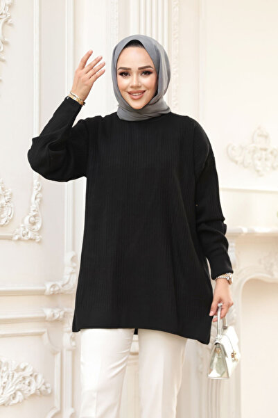 N.S NEVA STYLE Corded Fabric Black Hijab Knitwear Sweater Tunic 29141S