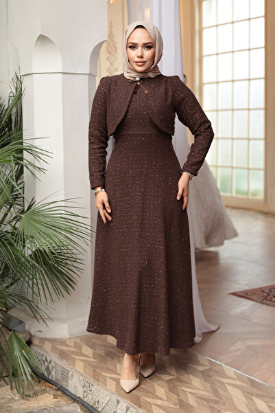 N.S NEVA STYLE Checkered Brown Tweed Hijab Dress 62512Kh