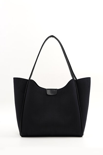 SHAKA Black Suede Shk76 Large Size Women's Hand and Shoulder Bag with Snap Fastener, Wicking Strap, and Faux Leather Makeup Bag