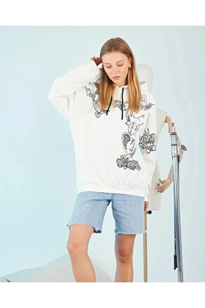 Kokosh moda بغطاء رأس سويت شيرت بثلاثة خيوط – أبيض Strong Heykel B مطبوع مقاس مريح، مع جيب كنغر