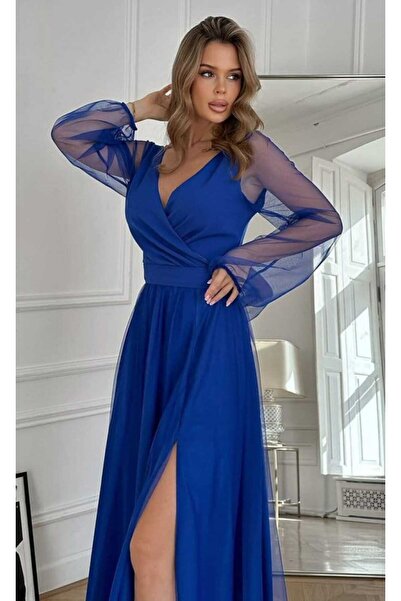 Kokosh moda Kadın Kruvaze Yaka Belde Kuşak Detaylı Tüllü Uzun Abiye Davet Gece Elbisesi