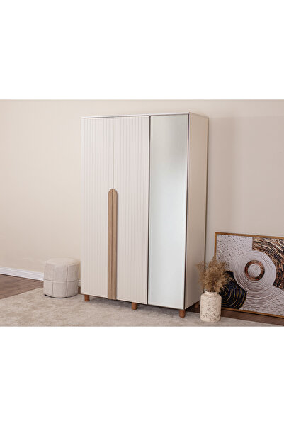 DONACO İtra 3 Kapaklı Gardırop – Krem Gövde, Krem Lake, Aynalı Kapak