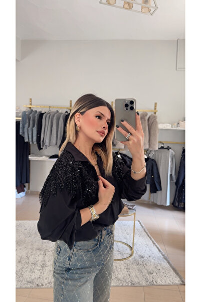 DENİZ İthal Yaka Kısmı Boncuk İşlemeli Gömlek