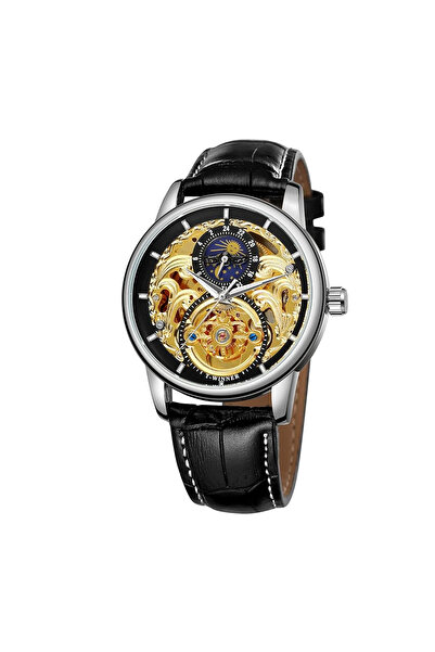 T-WINNER Ceas mecanic bărbătesc 8177 negru-auriu – Design de lux, funcții multiple, 3ATM