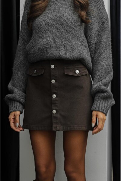 Havoş Brown Metal Button Mini Skirt