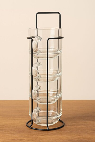 naturelove Borosilikat Metal Stantlı Bardaklık ve Çay Bardağı Seti, 4'lü Bard...