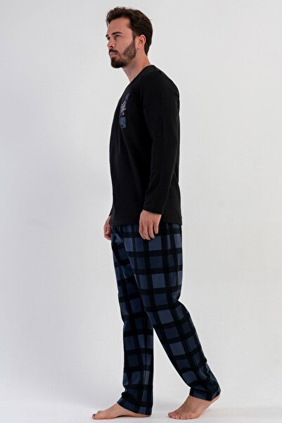 VİENETTA Erkek Siyah Uzun Kollu Bisiklet Yaka Kareli Alt 2 İplik Pijama Takımı C1T8N1305
