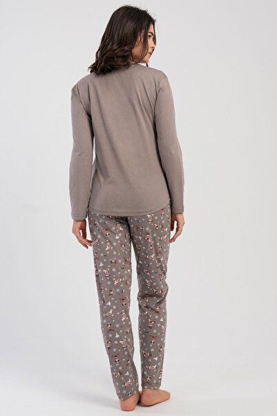 VİENETTA Kadın Büyük Beden Espresso Uzun Kollu Bisiklet Yaka Desenli Pijama Takımı C0T7N2305