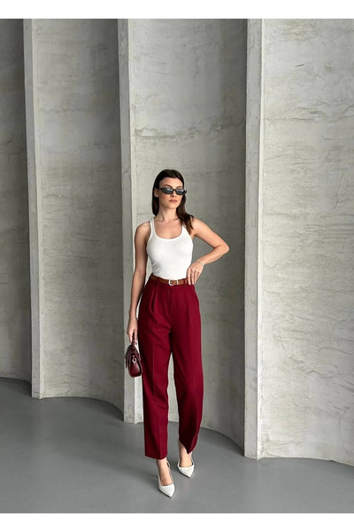 bysoca Kadın Bordo Yüksek Bel Pileli Straight Kemerli Bilek Boy Havuç Kesim Kumaş Pantolon