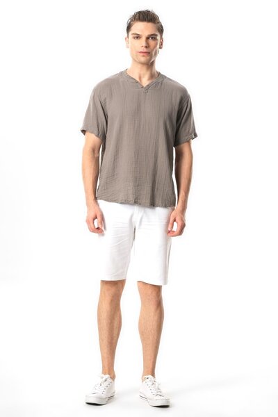 Eliş Şile Bezi Short Sleeve Men's Ribbed Summer Muslin T-Shirt Gray Gray