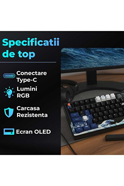 Timebox Tastatură mecanică de gaming, ecran LCD 75%, neagră, wireless, hot swap, 82 de taste