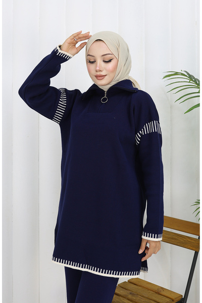 sefamerve Πλεκτό Παντελόνι Τούνικ με Φερμουάρ Κολάρο Διπλό Σετ 1061-03 Ναυτικό Μπλε