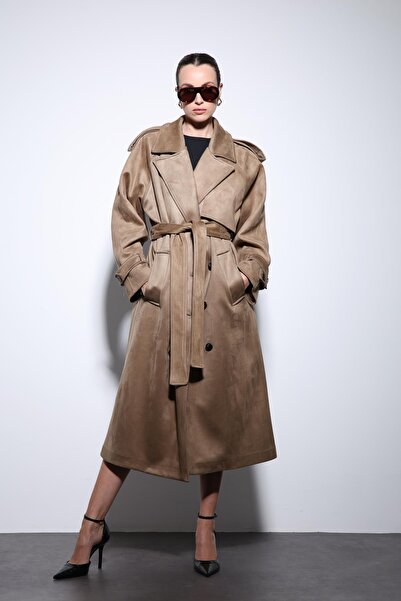 Antioch Bej Kruvaze Süet Görünümlü Premium Kadın Trençkot