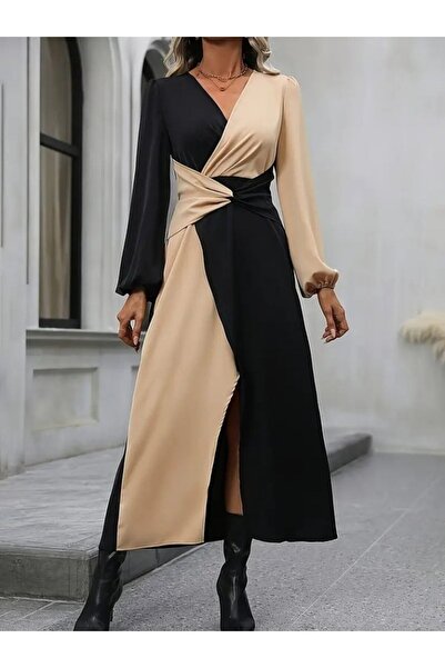 TUA MODA Tua Moda Women's Long Sleeve Double-Breasted Collared Waist-Cross Detailed Double Color Midi Imported Crepe Dress