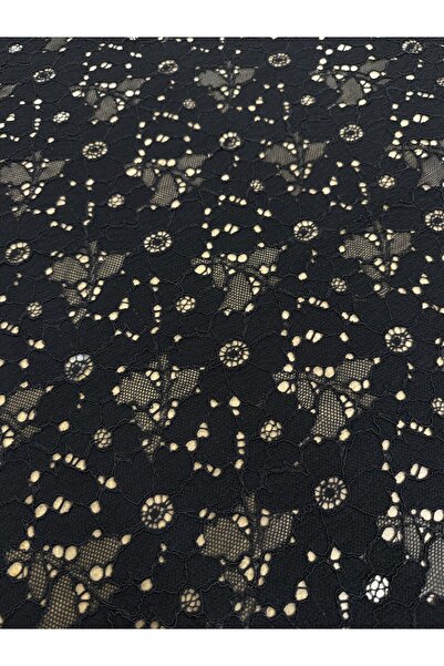 METERİAL Black Geometric and Floral Patterned Lace Fabric – 135 cm Width Sold as Product Sample