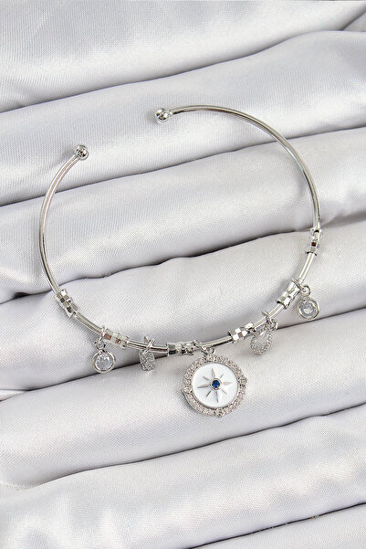 Mustran سوار من النحاس والزركون وحجر البوصلة موديل فضي اللون
