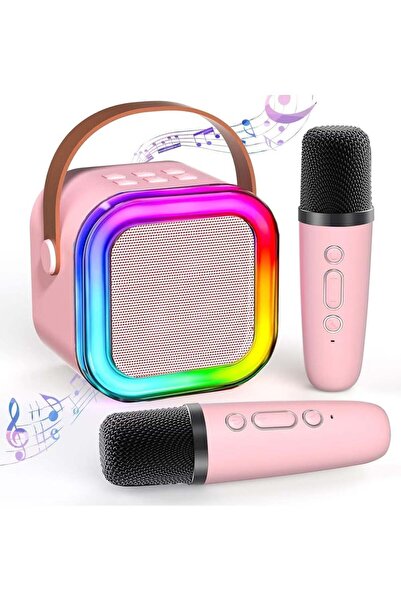 Generic جهاز كاريوكي صغير محمول مزود بمكبر صوت بلوتوث مع ميكروفونين لاسلكيين (وردي)