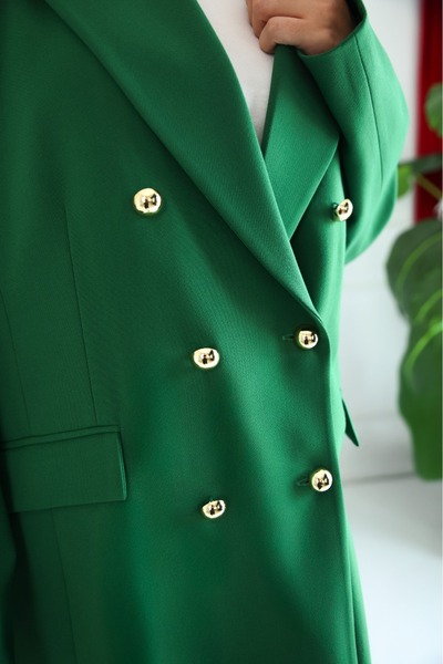 PARKDERİN Plus Size Long, Gold Buttons, Emerald Green Color, Blazer Jacket