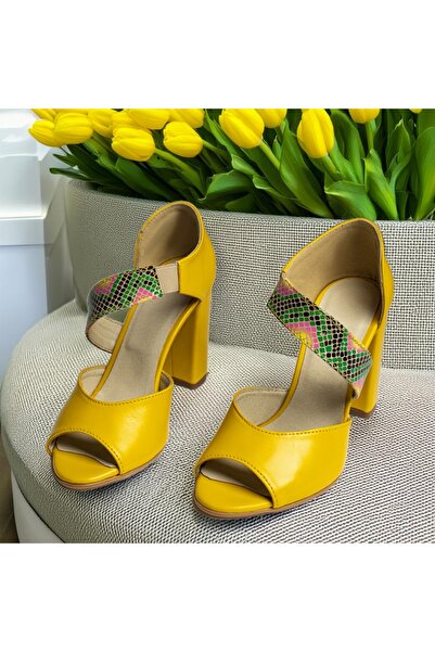 BMoD Women's yellow genuine leather sandals with block heel and elastic strap MOD13083