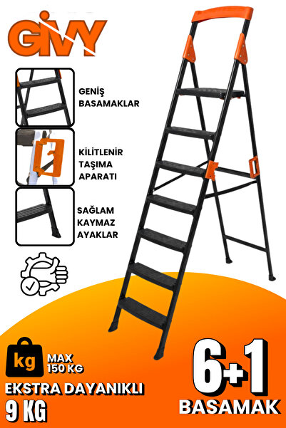 GİVY Primo 6+1 Basamaklı Katlanır Merdiven | Ev Tipi Kaymaz Plastik Geniş Bas...