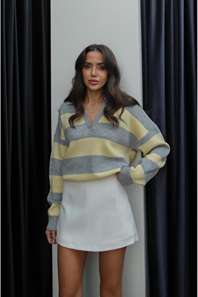 Havoş Γκρι κίτρινο ριγέ πουλόβερ με λαιμόκοψη σε σχήμα V