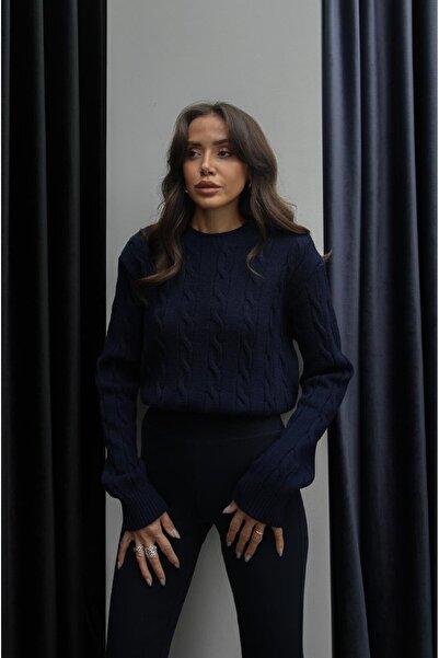 Havoş Lacivert Saç Örgülü Triko Kazak