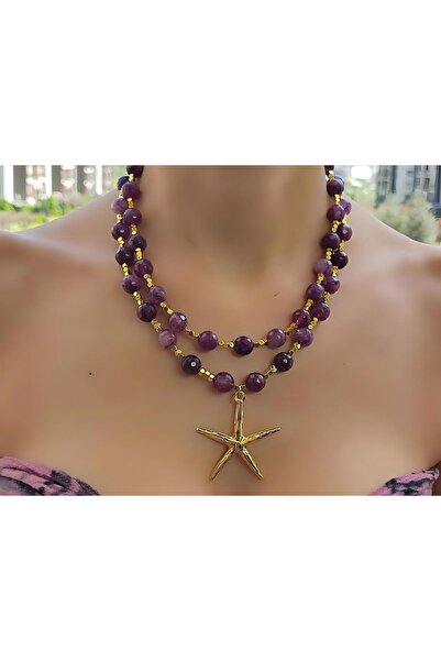 elinasaccessories قلادة نجم البحر، قلادة من حجر الكوارتز الطبيعي الأرجواني، ق...