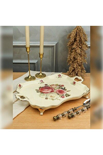 ROY KING Porselen Dikdörtgen Ayaklı Büyük Gül Desen Rose 42x30cm