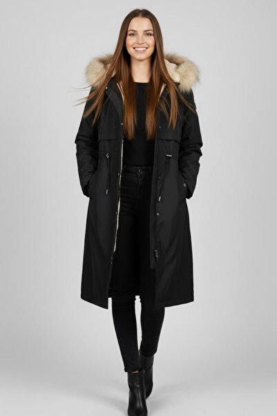 Manga Kürk Kapüşonlu Uzun Şişme Mont M0160 Siyah