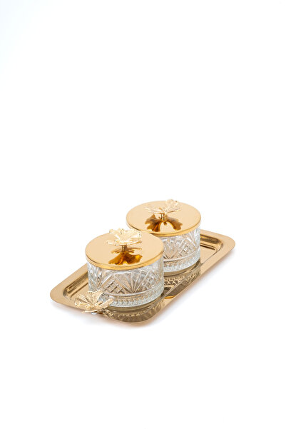 Homekolik 2-Piece Gold Butterfly Lid Glass Presentation Set – Breakfast & Snack Set with Metal Tray