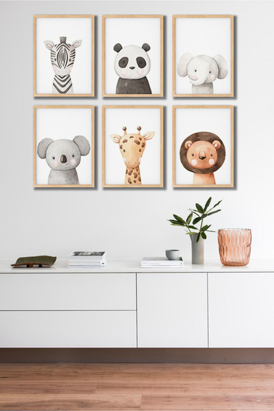 TABLOX Set de 6 tablouri cu tema animalelor de safari pentru camera copiilor,...