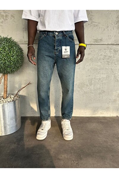 KağanKY جينز بوي فريند قابل للغسل باللون الأزرق الداكن