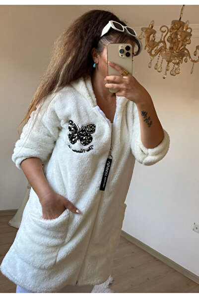 AZRA BUTİK Pullu Kelebek Pelus Mont Krem