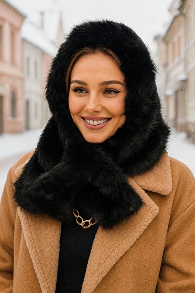 MARBERRY Black Neck Tie Scarf Plush Women's Hat Beanie