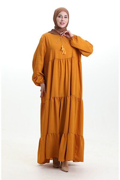 sefamerve Yaka Bağcıklı Kat Kat Elbise 4107-14 Hardal