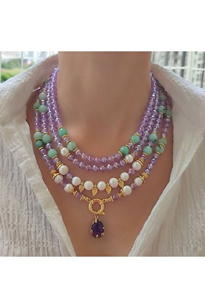 elinasaccessories Gösterişli Doğal Taş Kolye, İnci Kolye, Çok Renkli Katlı Kolye, Kristal Amestist Kolye