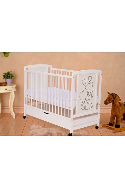 Qmini Patut din lemn, 120x60 cm, Cu sertar, Din lemn de pin, Stabil, Alb, + S...