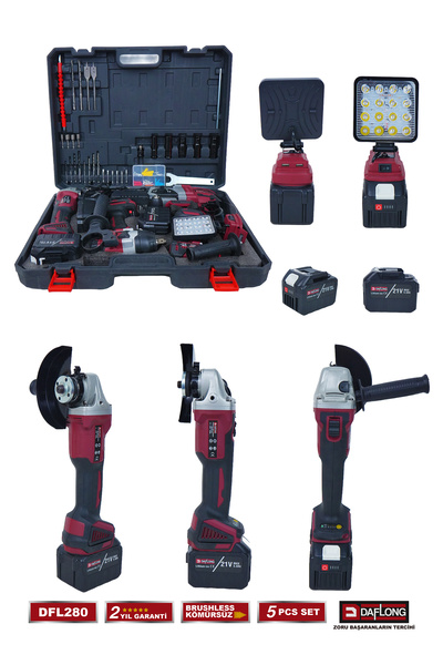 DAFLONG 15 PİLLİ 5'Lİ ÇANTALI SET 1300NM TORKLU+DEVİRLİ TAŞLAMA+MATKAP+KIRICI DELİCİ+FENER DFL-280