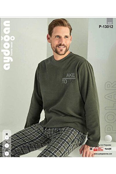 Aydoğan Men's Fleece Pajama Set – Khaki Color, Long Sleeve, Warm and Comfortable