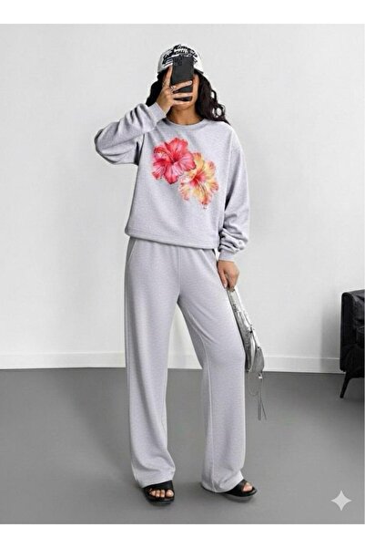 LOUİSA Set de pantaloni de sport pentru femei, gri guler rotund Hibiscus Flow...