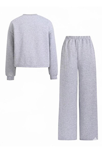 MORNİNG KİDS Girl's Gray Hibiscus Flower B Printed Crew Neck Sweatshirt-Gray Loose Fit Tracksuit Set