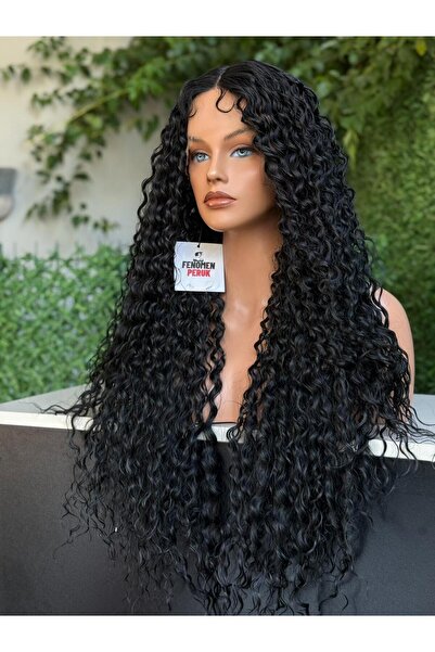 Fenomen Peruk Afro Kıvırcık Tül Peruk – Uzun Siyah Doğal Görünümlü Peruk