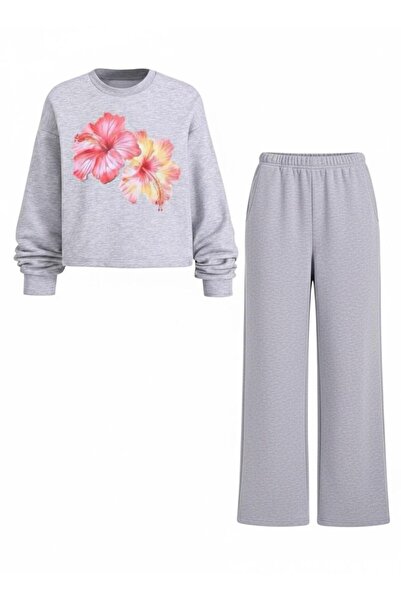 MORNİNG KİDS Girl's Gray Hibiscus Flower B Printed Crew Neck Sweatshirt-Gray Loose Fit Tracksuit Set