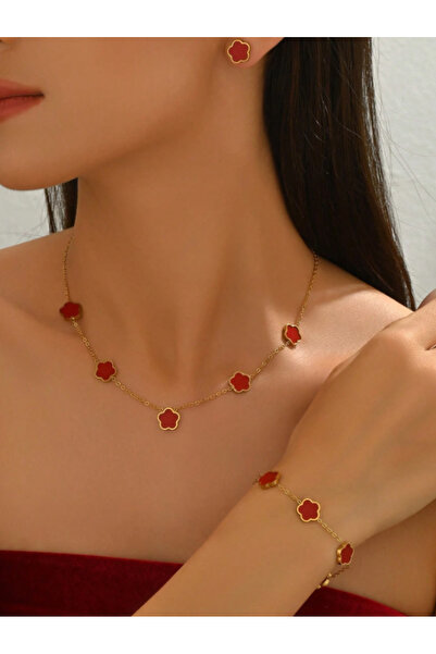 Inovius Set Seraphine, Colier, Cercei si Bratara, Rosu cu Auriu, Otel Inoxida...